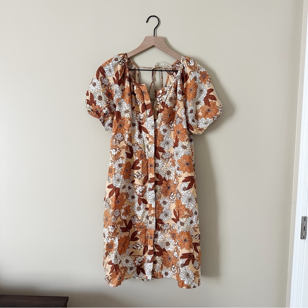 J. Crew Zinnia Floral V-Back Linen Dress Sheath Camel Brown